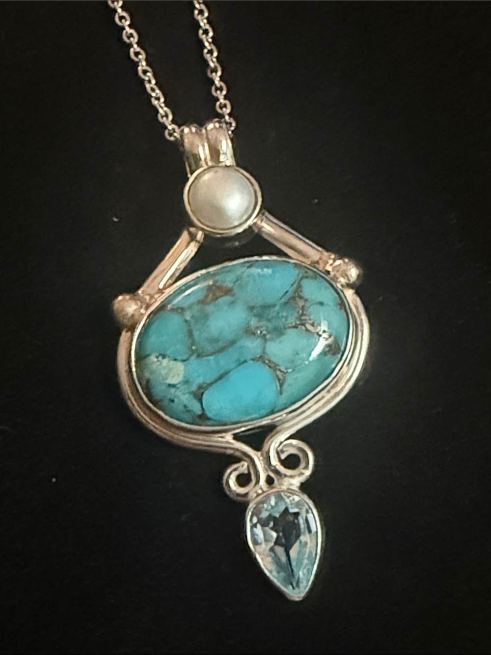 Sterling Silver Turquoise Pendant Necklace with Pearl and Teardrop Blue Topaz